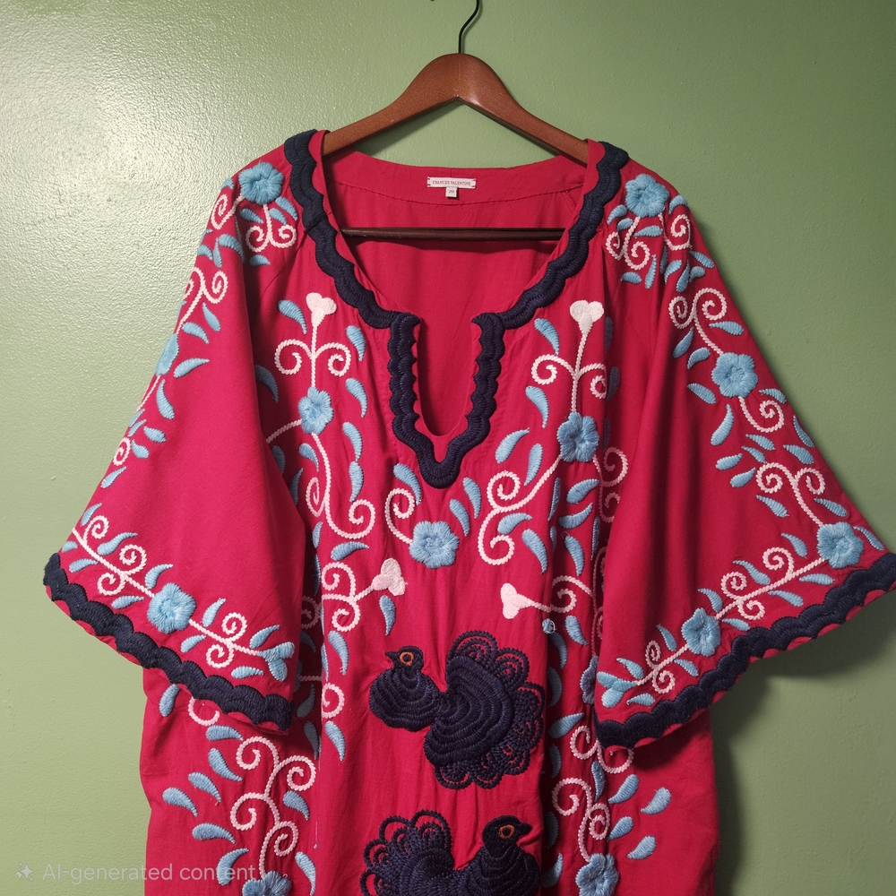 Frances Valentine Embroidered Peacock Caftan Red & Blues Maxi Dress - Picture 3 of 16